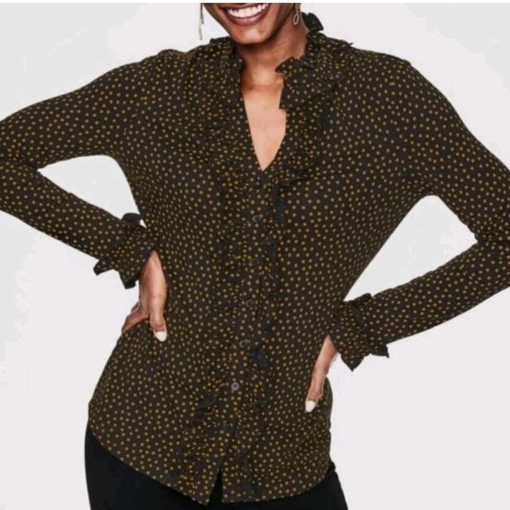 Boden 'Alberta' Size 6 Button Front Knit Polka Dot Top Gold Black blouse Shirt